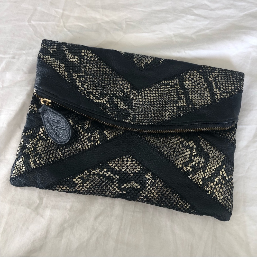 Helena de Natalio Leather Black Gold Giselle Snakeskin Clutch Purse